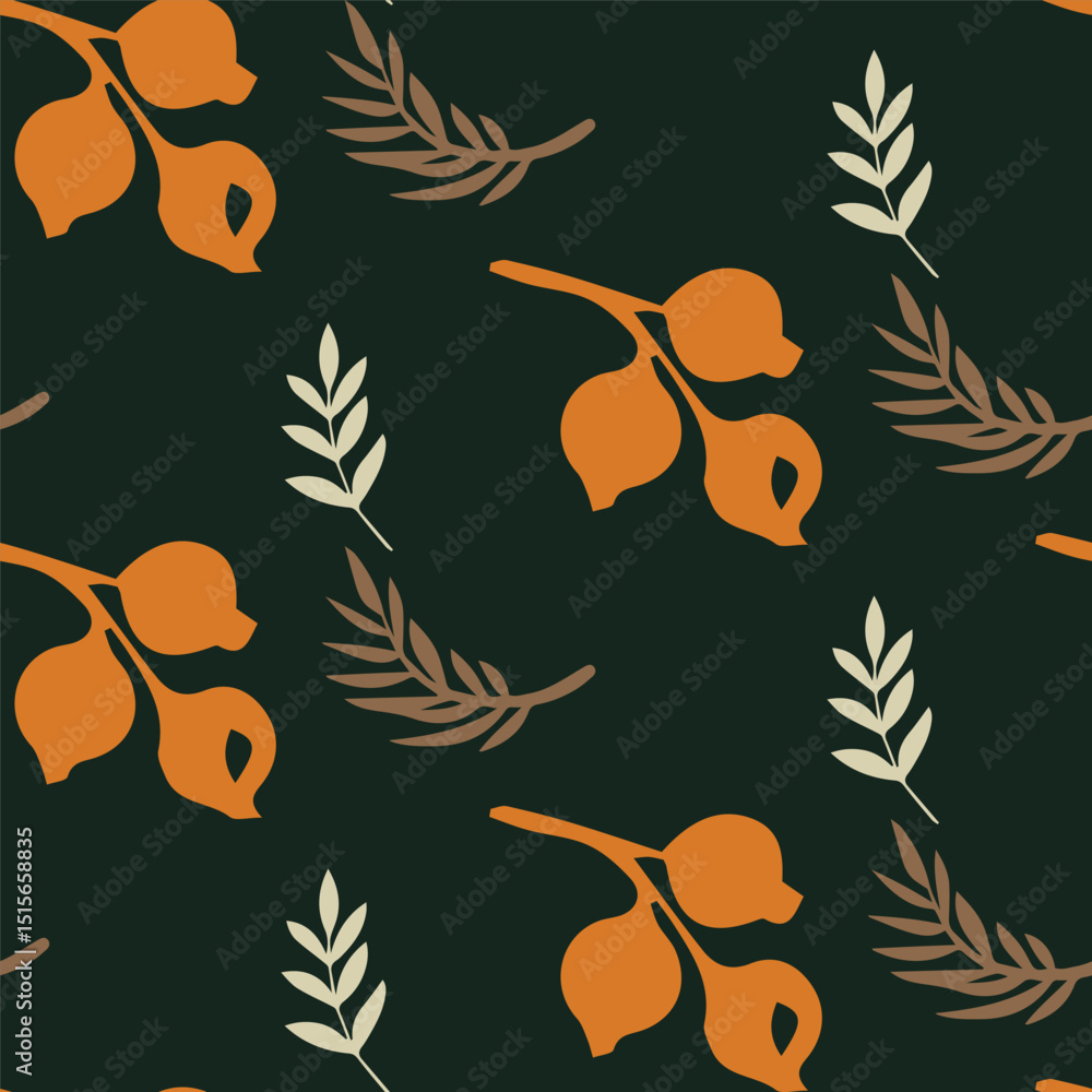 Naklejka premium Seamless Floral Pattern with Orange and Cream Flowers on Dark Background