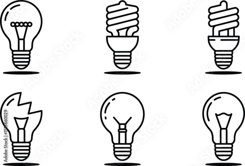 Vector illustration set featuring various styles of light bulbs in a modern minimalistic outline design