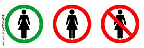 no woman allowed red circle sign, green allowed round vector icon, 3 pictogram collection