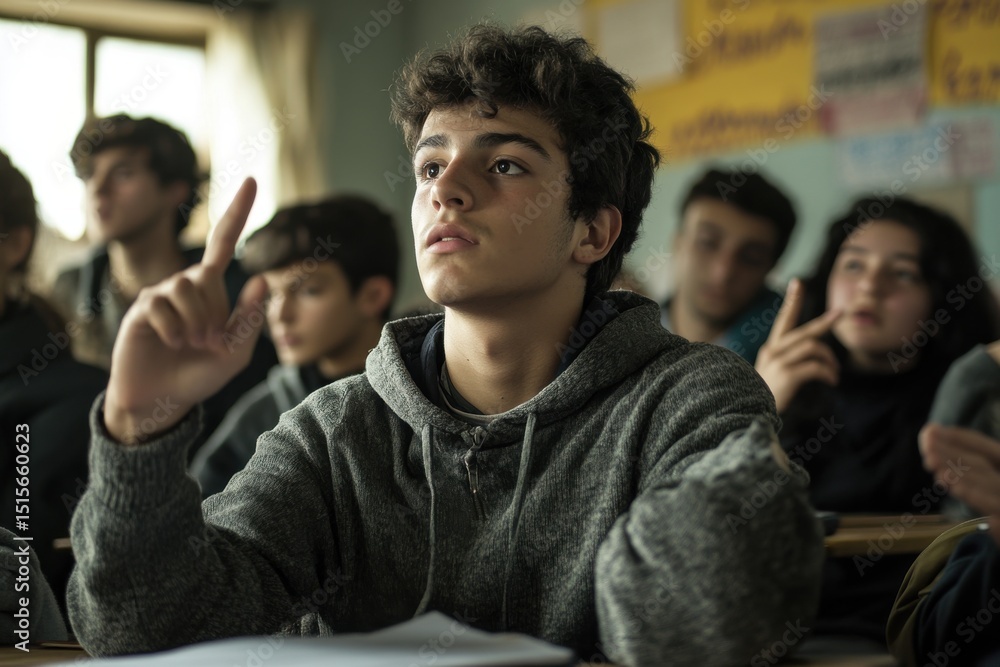 Fototapeta premium Male student actively engaging in a Latin classroom discussion, Latin students in the classroom Male student asking questions in class