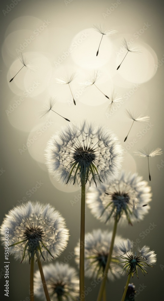 Obraz premium Serene Sunset Dandelions: A Breathtaking Backlit Meadow Scene