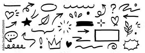 Hand marker line icon brush element set. Hand drawn marker sketch style underline, arrow, heart shape. Doodle crown, heart, pointer and symbol element for business infographic. Vector illustration