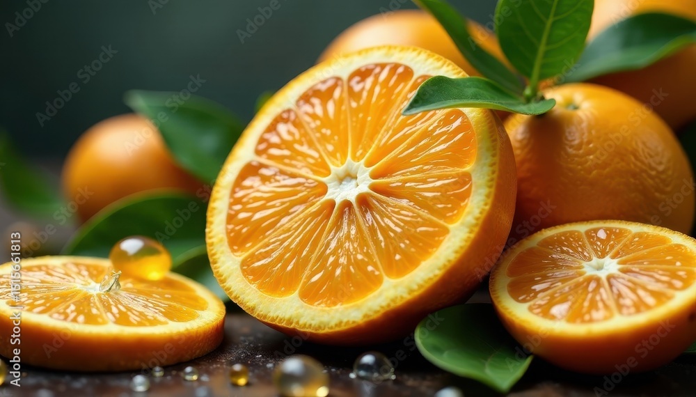 Juicy whole oranges & segments, falling droplets, vibrant leaves , bright, still life Juicy whole oranges & segments, falling droplets, vibrant leaves , bright, still life