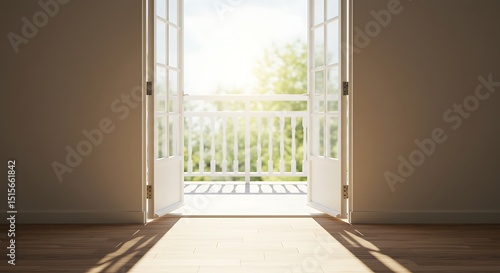 Sunlight Streaming Through Open French Doors to a Balcony Overlooking Lush Greenery