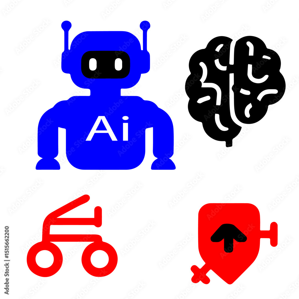 Icons representing AI brains, neural networks, robots, automation, smart analytics, etc. Icons representing AI brains, neural networks, robots, automation, smart analytics, etc.