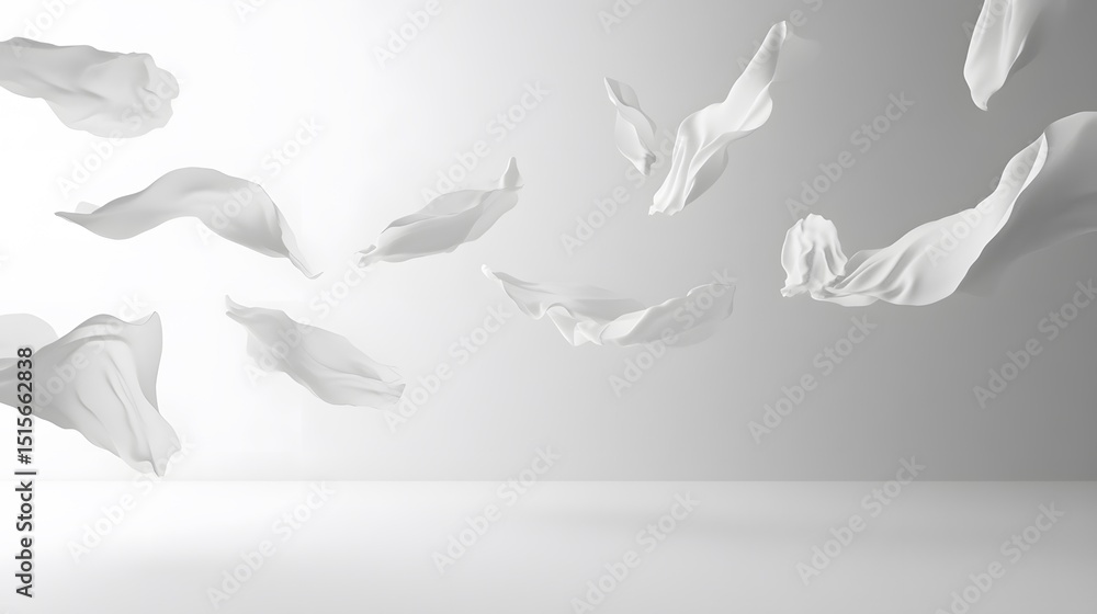 Obraz premium White fabric pieces floating in a minimalist setting.