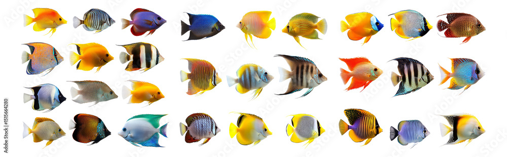 Colorful Fish Variety Displayed in Rows with Vibrant Patterns and Colors, Isolated on Transparent, white background Colorful Fish Variety Displayed in Rows with Vibrant Patterns and Colors, Isolated on Transparent, white background