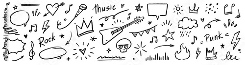 Wallpaper Mural Music star doodle icon punk rock set. Hand drawn music sketch guitar, microphone, skull. Fun graffiti star shape doodle arrow, crown, speech bubble grunge decoration elements. Vector illustration Torontodigital.ca