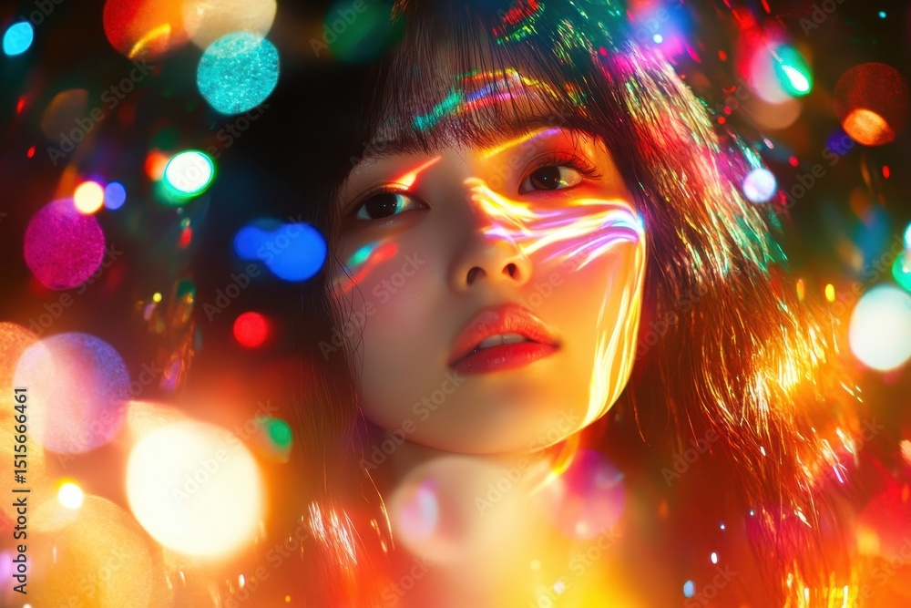 Captivating woman illuminated by vibrant lens flares and blinking lights, Rapid Lens flares Camera Flashes Blinking Lights Effect 2 Captivating woman illuminated by vibrant lens flares and blinking lights, Rapid Lens flares Camera Flashes Blinking Lights Effect 2