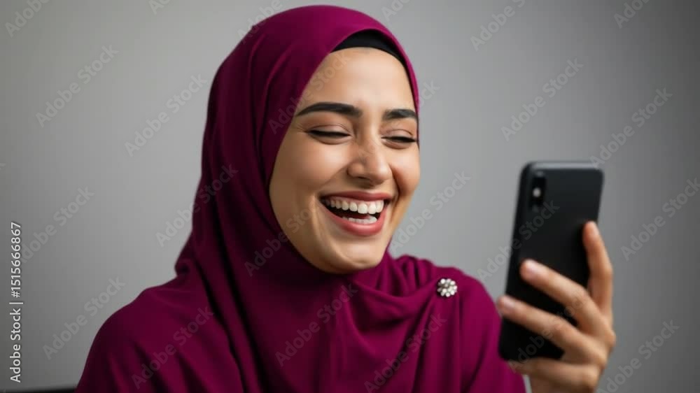Joyful woman video chatting wearing hijab Joyful woman video chatting wearing hijab