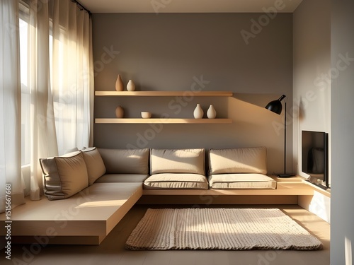 Scandinavian living room featuring a pale oak platform sofa