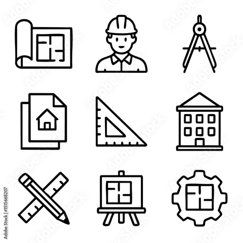 A set of doodle line icons representing architecture tools, blueprints, construction planning, engineering, and technical drawing concepts