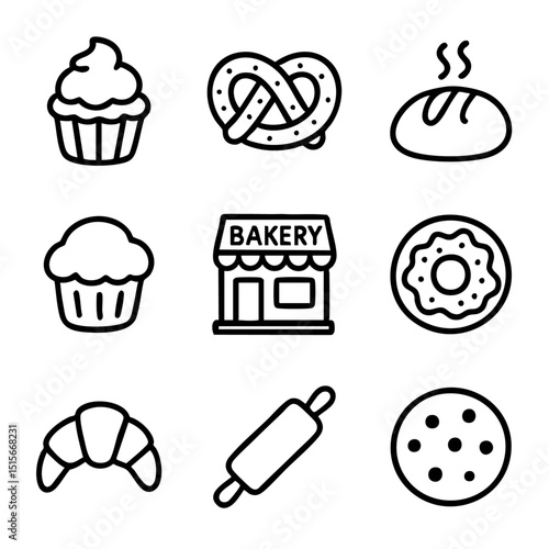 A set of doodle line icons featuring bakery items like cupcakes, donuts, croissants, bread, cookies, and baking tools