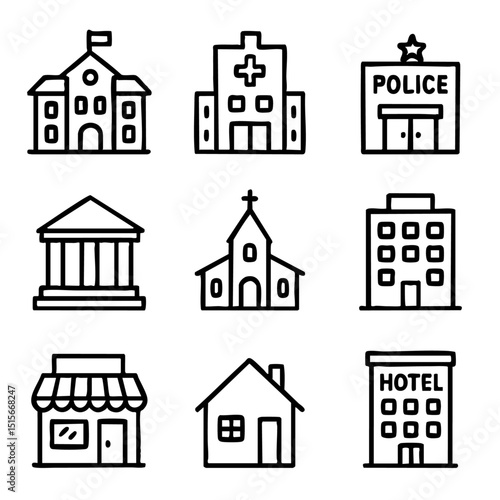 A set of doodle line icons featuring various public buildings such as school, hospital, police station, church, house, and hotel