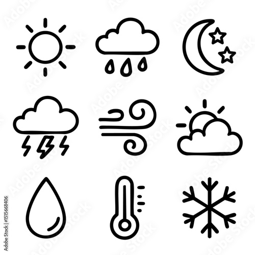 A set of doodle line icons representing various weather conditions such as sun, rain, snow, wind, lightning, temperature, and clouds
