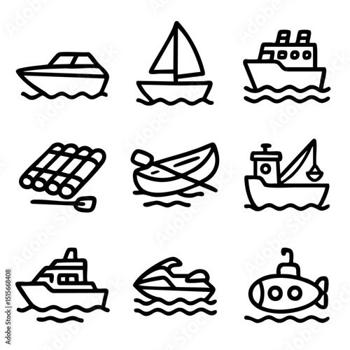 A set of doodle line icons showing different watercraft including sailboats, yachts, submarines, rafts, fishing boats, and jet skis