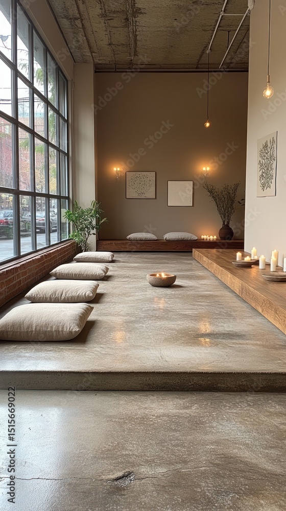Fototapeta premium Serene meditation space with soft lighting and comfortable seating