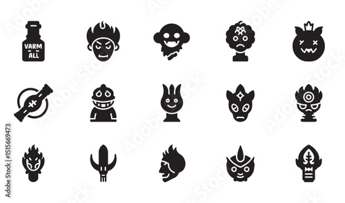 Collection of stylized black monster icons representing various symbolic and fantastic characters