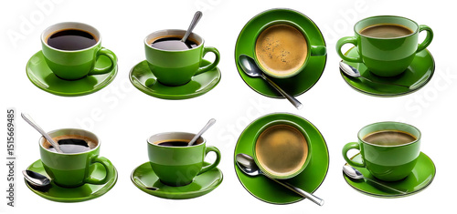 Assorted Green Coffee Cups with Spoons and Different Contents, Isolated on Transparent, white background
