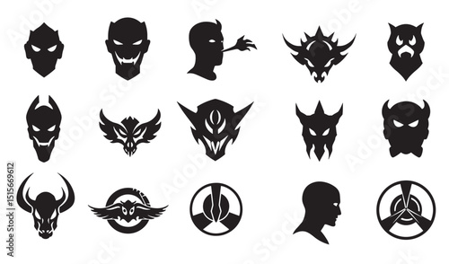 Collection of stylized demonic and abstract silhouette illustrations for conceptual graphic design elements