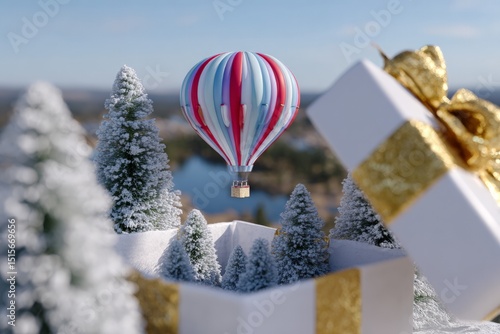 Festive hot air balloon over snowy pine trees and open gift box