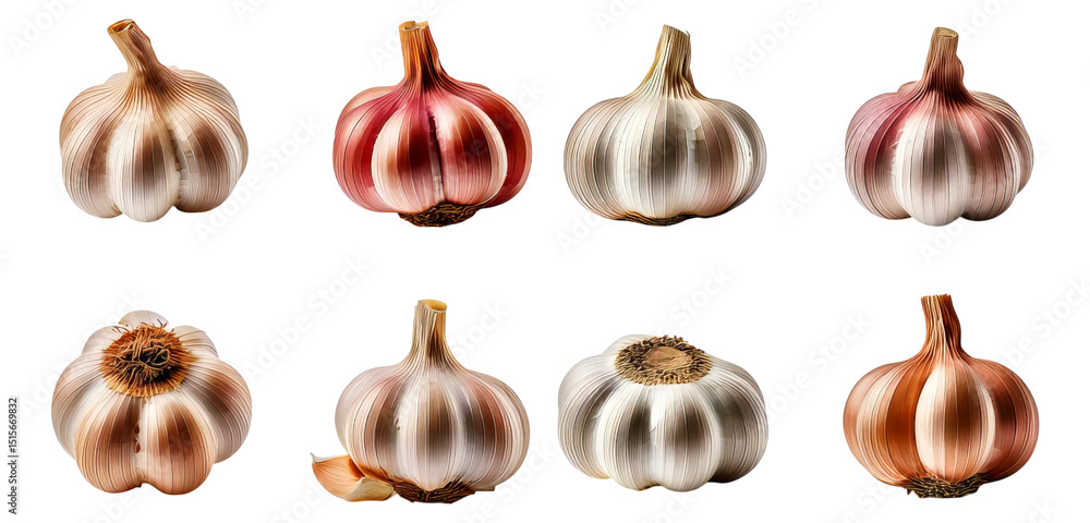 Varieties of Garlic with Distinctive Stripes and Colors on Display, Isolated on Transparent, white background