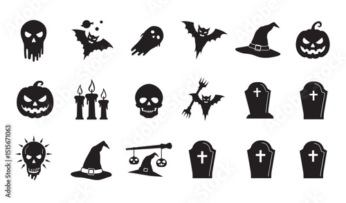 Set of black halloween icons featuring pumpkins skulls bats ghosts and graveyard elements