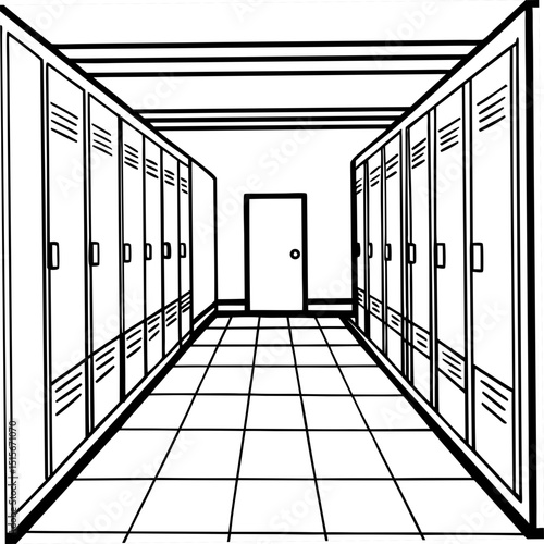 Black and white illustration of school lockers corridor