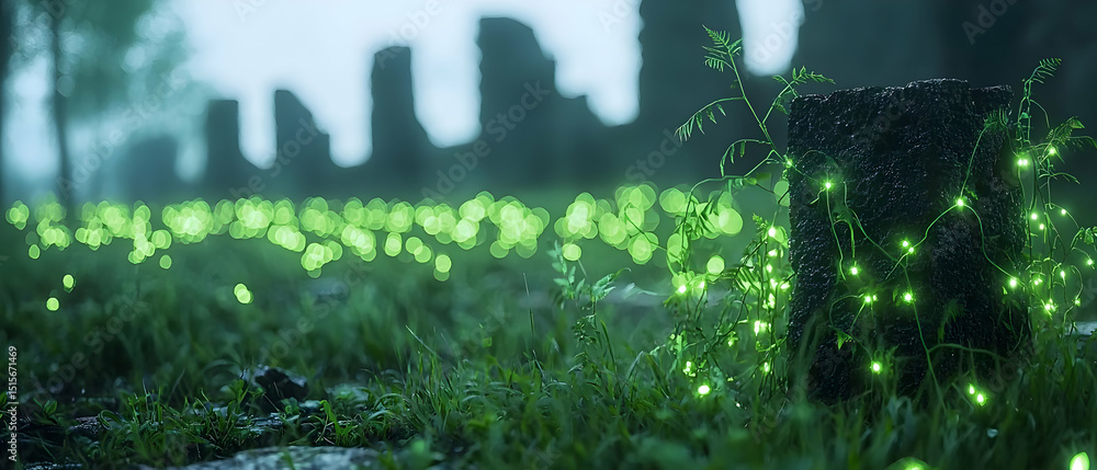 Fototapeta premium Glowing Green Plants In Dark Urban Landscape