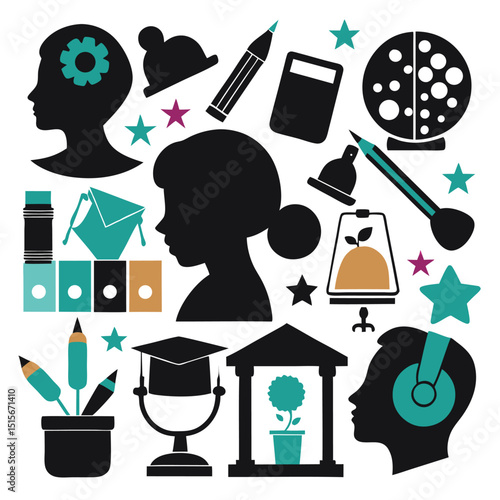 Art and Education Silhouette Icons – Vector Set on White Background