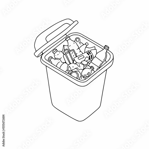 An isometric line art illustration of a full garbage can with various items like bottles and crumpled papers.