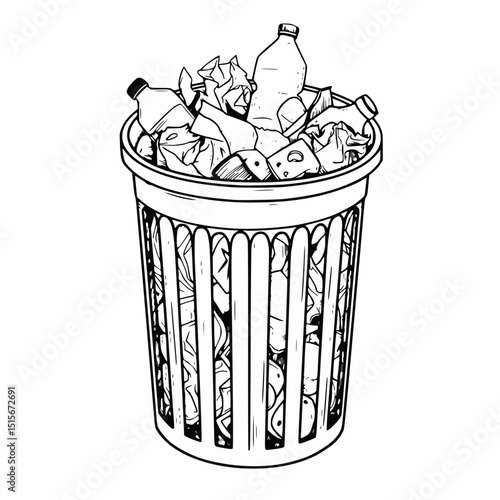 A black and white clip art of a full trash can with visible trash overflowing from the top.