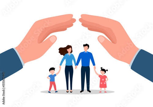 Family protection concept. Parents and children characters standing under huge human hands protecting mother, father and kids. Family insurance, social support, safety.