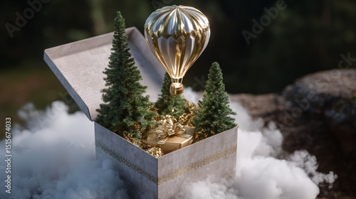 Golden hot air balloon and trees in gift box amidst clouds