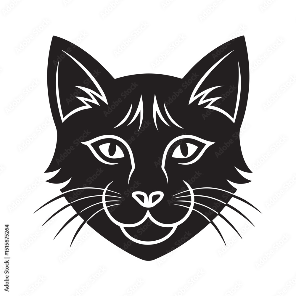 Stylized Black Cat Head with Whiskers and Alert Eyes Stylized Black Cat Head with Whiskers and Alert Eyes