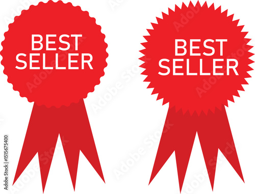 Best seller award emblem with red ribbon on white background. Best seller achievement certificate.
