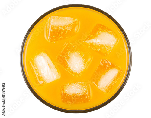 Glass of cold orange juice with ice and bubble top view isolated on transparent white background, clipping path