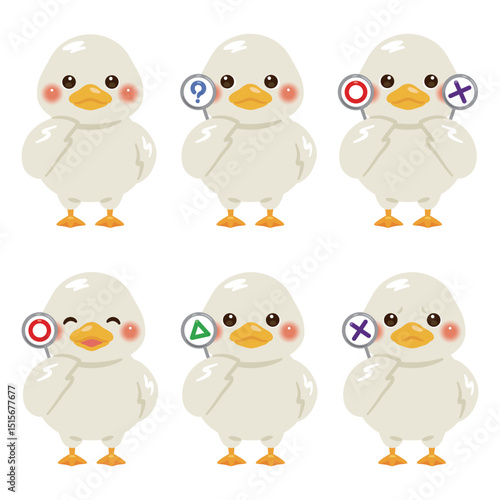 ○×△の札を持ったアヒルのキャラクターイラストセット