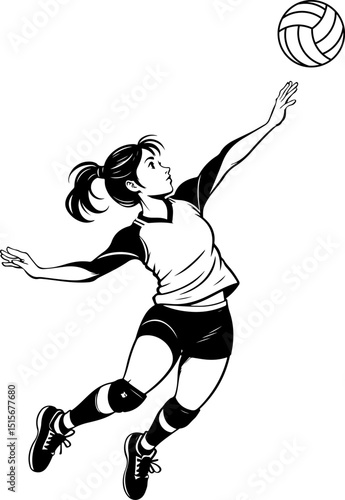 Sketchy sport emblem of female volleyball player jumps and gets ready to hit the ball in monochrome. Engraving minimalistic vector in black ink drawing on transparent background