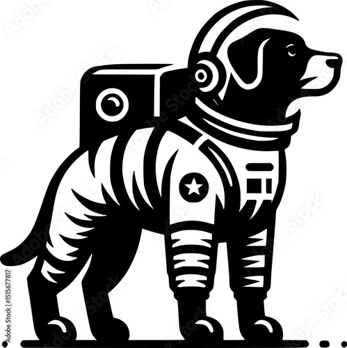 Sketchy cosmic emblem of astronaut dog dressed in space suit ready to fly in monochrome. Engraving minimalistic vector in black ink drawing on transparent background