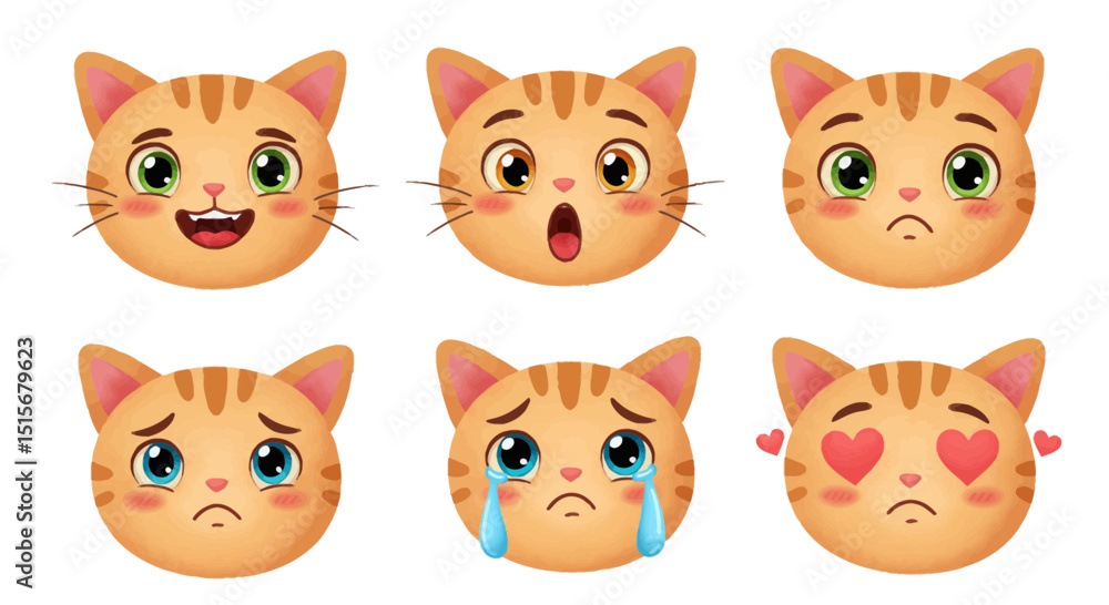 digital illustration, highly detailed, 3d render, dynamic lighting, vivid colors, cute cartoon cat face expressions, adorable round eyes, large green and brown eyes, furrowed brows, open mouth, tears, digital illustration, highly detailed, 3d render, dynamic lighting, vivid colors, cute cartoon cat face expressions, adorable round eyes, large green and brown eyes, furrowed brows, open mouth, tears,