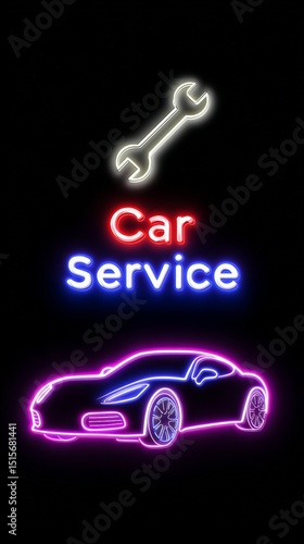 Neon car service sign with wrench and sports car outline
