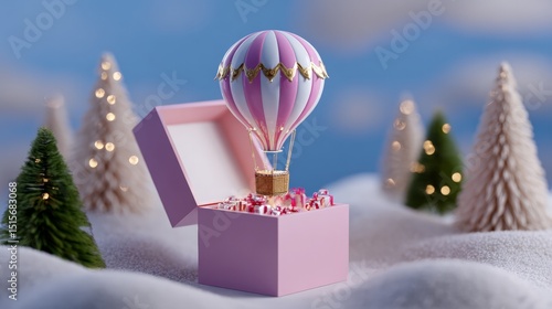 Pink hot air balloon in gift box amid winter wonderland