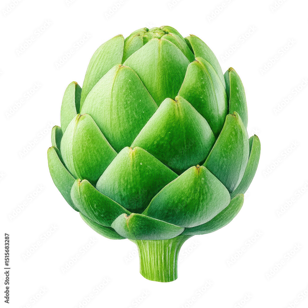 Obraz premium Green artichoke vegetable watercolor painting with fresh natural leaves and stem isolated on transparency background for healthy food design
