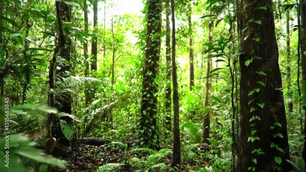 Dense lush tropical rainforest jungle scene showing green vegetation and sunlight overhead Dense lush tropical rainforest jungle scene showing green vegetation and sunlight overhead