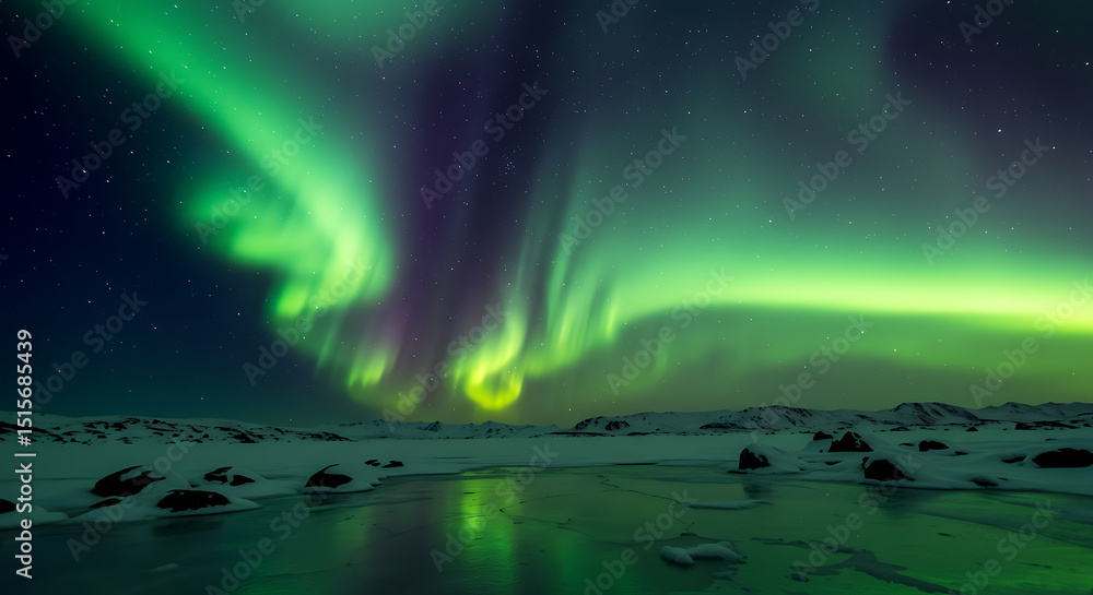 Naklejka premium Mesmerizing Aurora Borealis Display Over Frozen Landscape