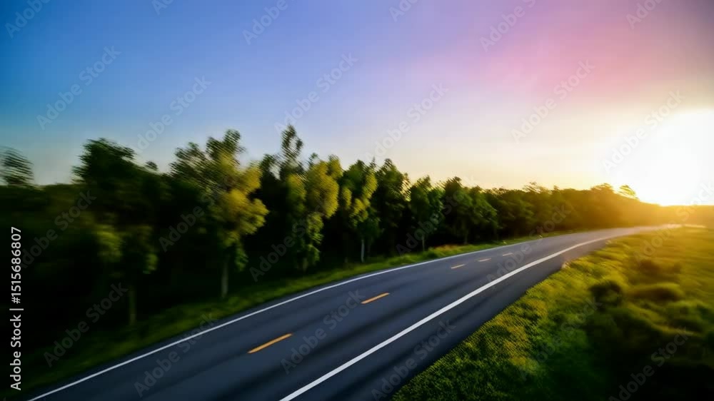 Scenic drive on asphalt road at sunrise with trees, grassy fields, clear sky and warm light, promoting travel, adventure, and nature's beauty Scenic drive on asphalt road at sunrise with trees, grassy fields, clear sky and warm light, promoting travel, adventure, and nature's beauty
