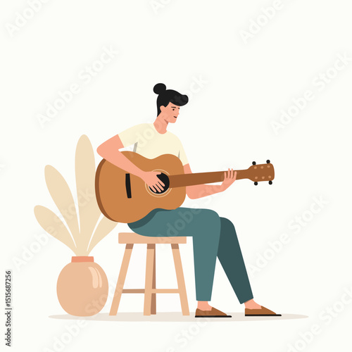 Minimalist Flat Vector Man Playing Acoustic Guitar on Chair