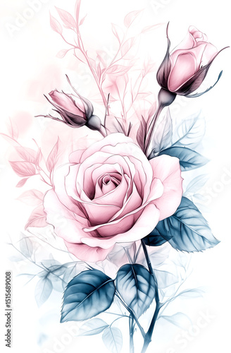 Line art drawing of white roses, light gray background, bokeh effect, clipart with space for text in the center