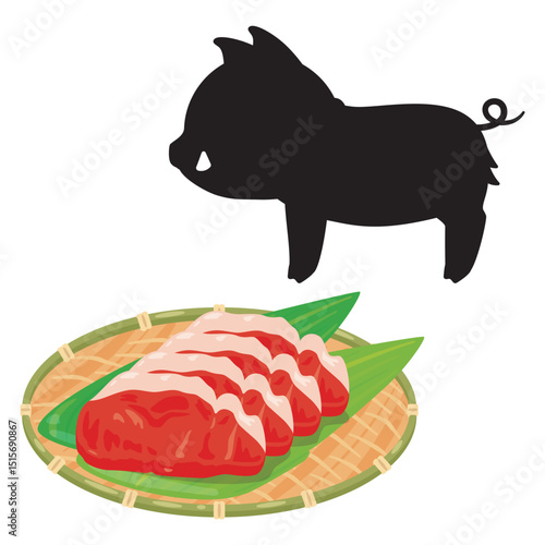 ザルに盛られた猪肉とイノシシのシルエットイラスト